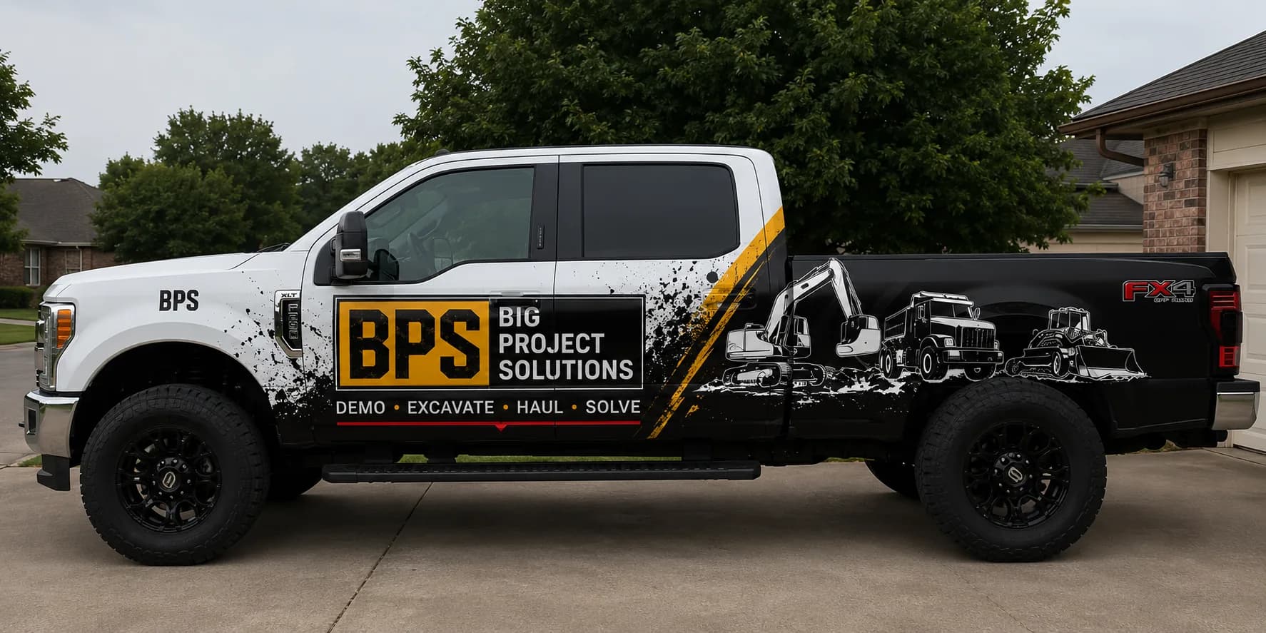 La troca de Big Project Solutions — una pickup doble cabina blanca con negro, rotulada con el logo BPS, la línea DEMO · EXCAVATE · HAUL · SOLVE y siluetas de excavadora, volteo y cargador a lo largo de la caja.