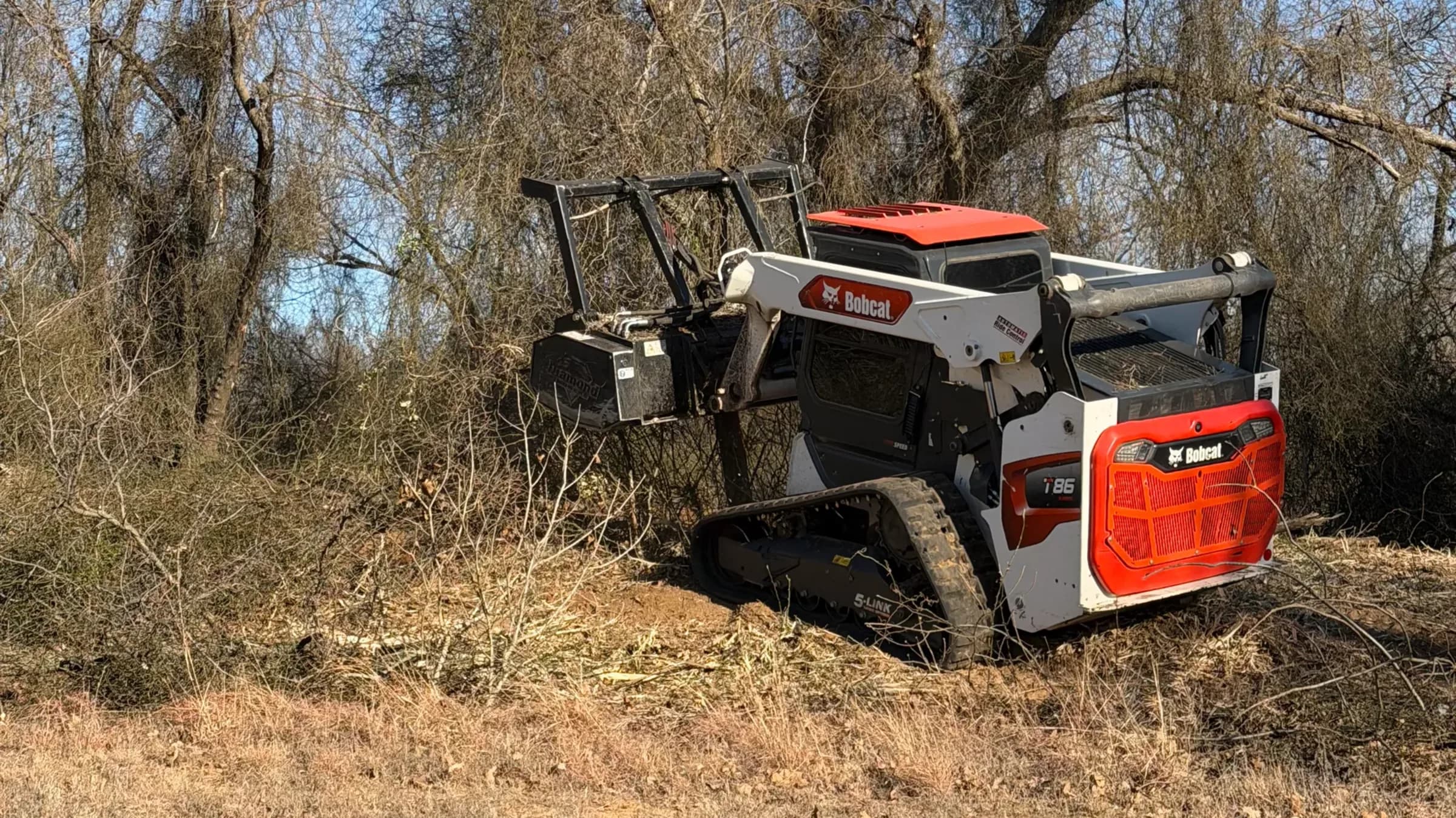 A compact track loader running a forestry mulching head into heavy brush under bare winter trees.